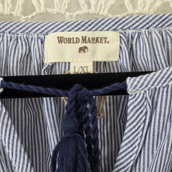 NWT World Market Boho Embroidered Floral Sleeve Blouse - Blue Stripe Size L/XL - Picture 4 of 8
